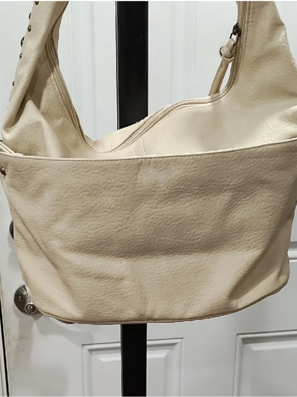 Cream Stud-Trim Leather Hobo Bag